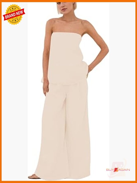 Pants - 2 Piece Polka Dot Tube Top Set Strapless Bandeau Wide Leg Pants Lounge Outfit